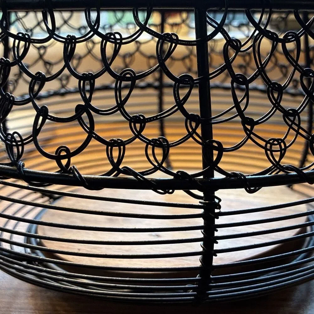 Black Metal Wire Basket w/ Side Handles and Wood Bottom, 7 in W x 5 in H